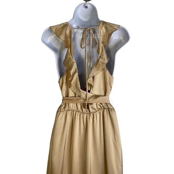 Show Me Your Mumu Womens Samantha Ruffle Wrap Dress Gold Luxe Satin Size Large - Picture 9 of 12